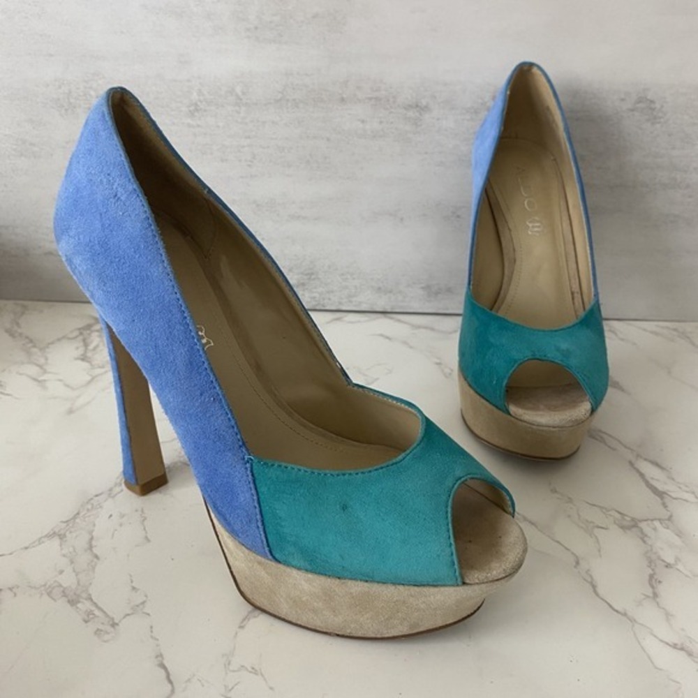 ALDO Platform Pumps Sz 38 (7.5) Blue Suede High Heel Party Special Occasion Date